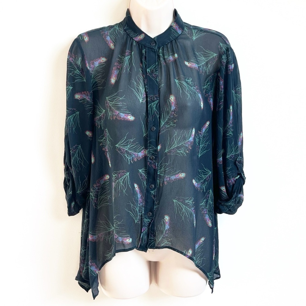 Hinge 100% Silk Peacock Button Blouse Handkerchief Hem Small Sheer Blue Green